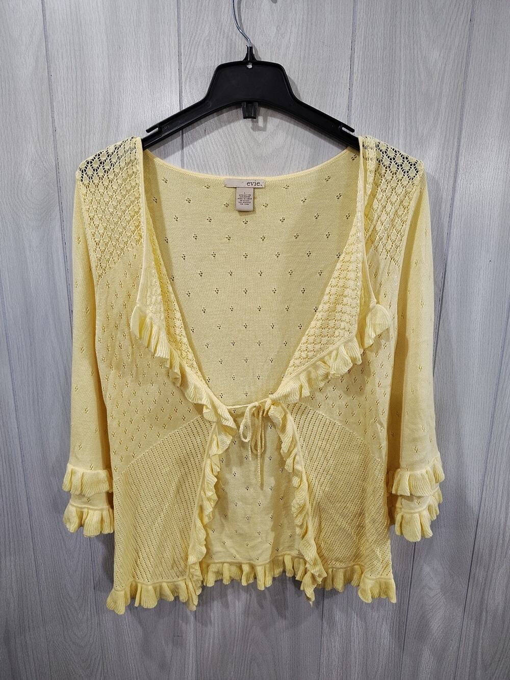 Women's Butter Yellow Eyelet Cardigan Size L Festival Boho Bell Sleeve